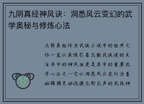 九阴真经神风诀：洞悉风云变幻的武学奥秘与修炼心法
